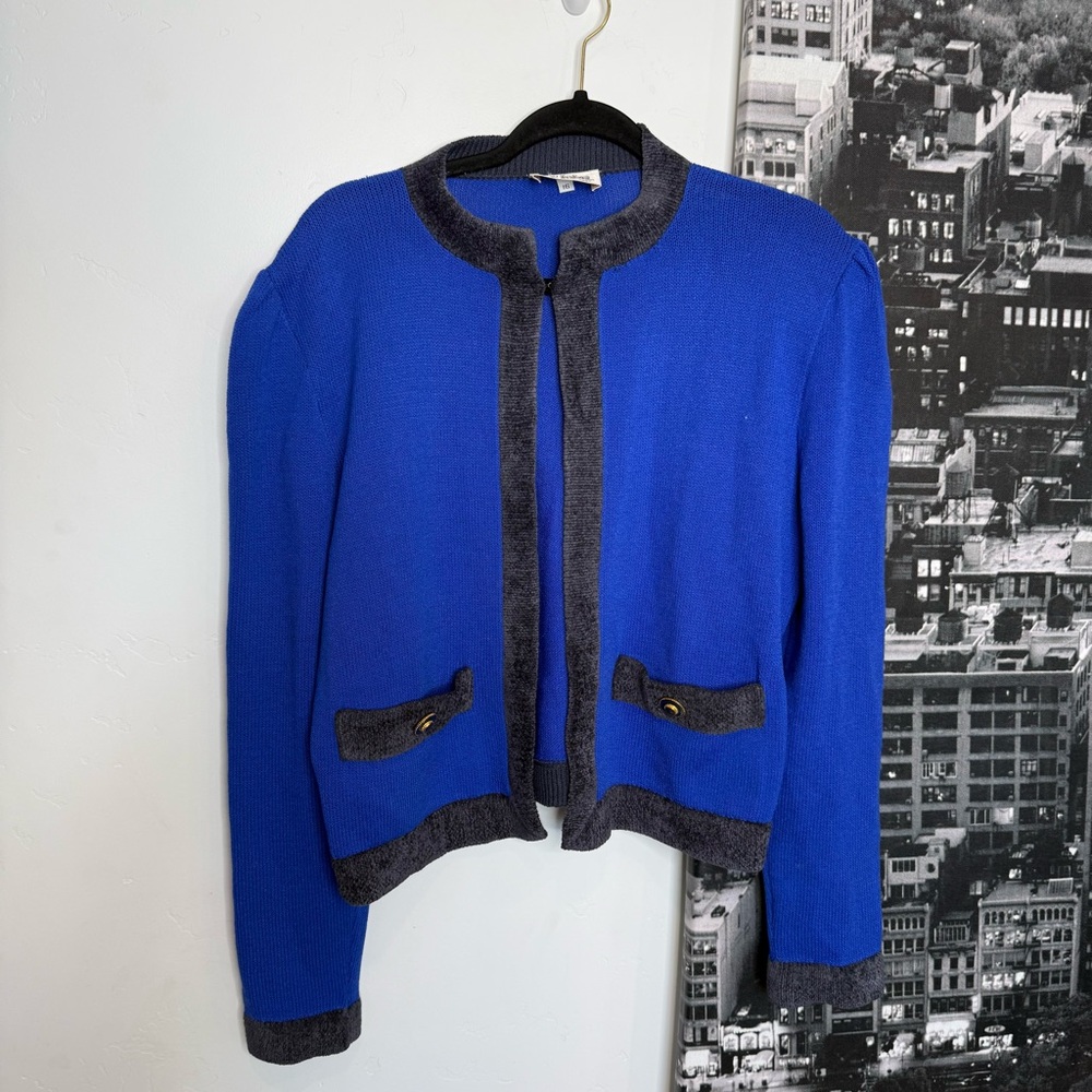 St John Santana Knit Jacket Vintage Blue Cropped Blazer Size 16